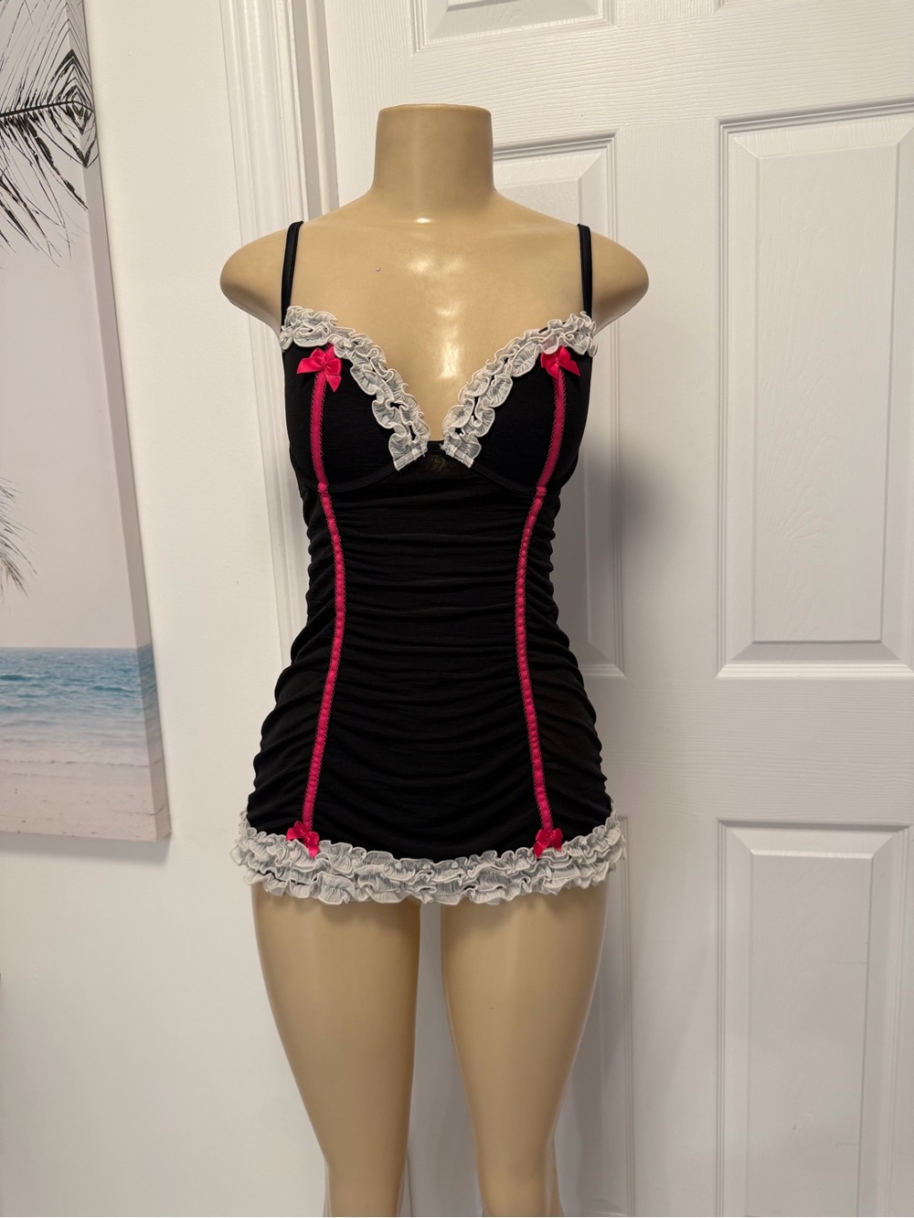 La SENZA Black Chemise with Hot Pink Accents and White Lace